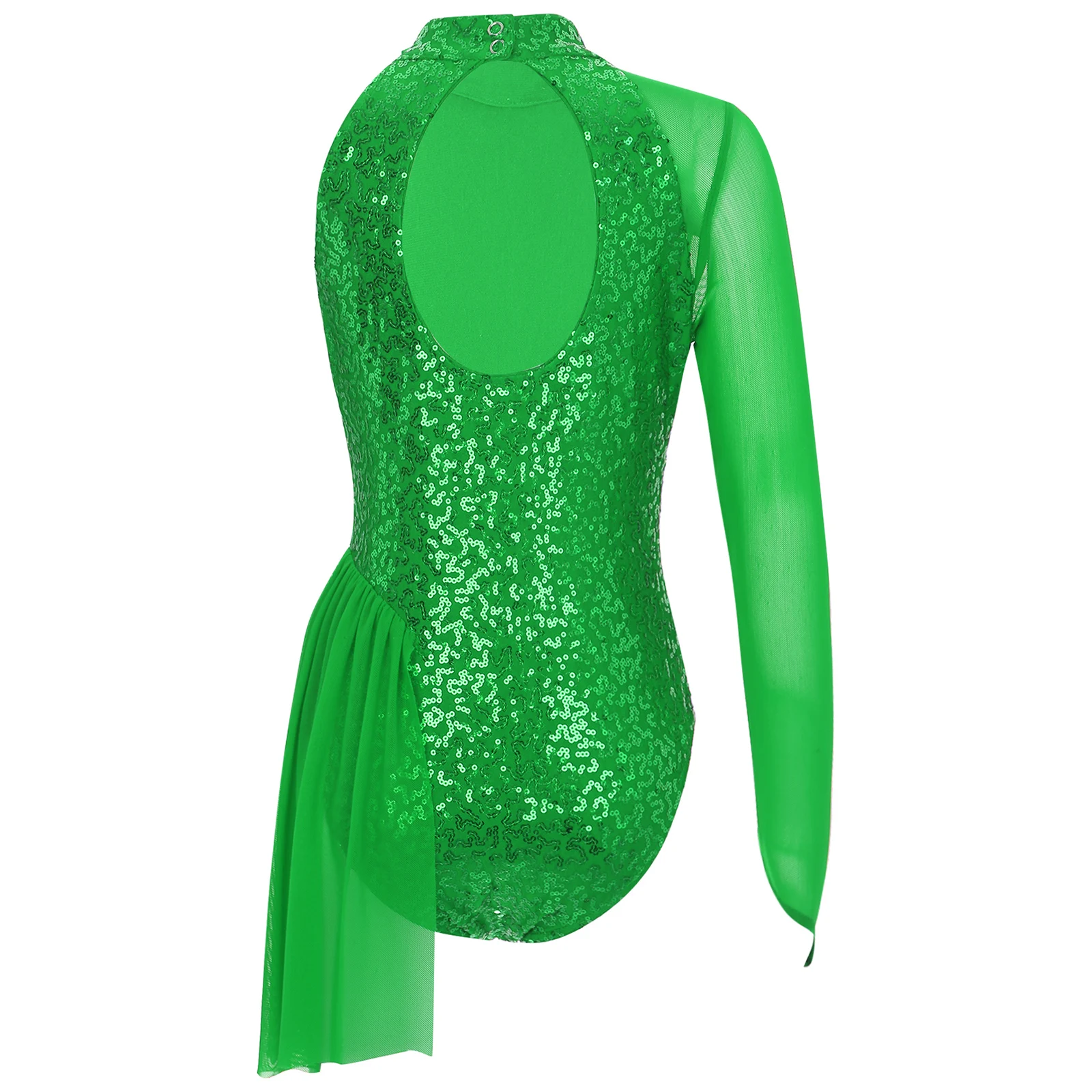 Teen Girls Ballet Dance Leotard Figure Skating Gymnastics Jazz Latin Bodysuit One Shoulder Sequins Sheer Mesh Jumpsuit Dancewear