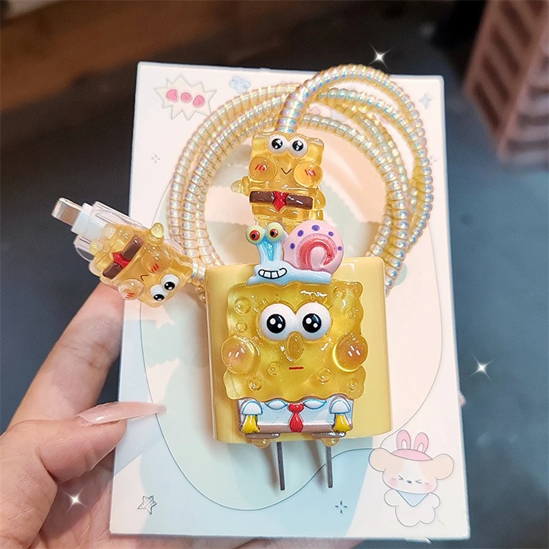 Cute SpongeBob Charging Data Cable Protector Case for iPhone 16 15 14 18W 20W Charger Protective Cover Winder Accessories Sleeve