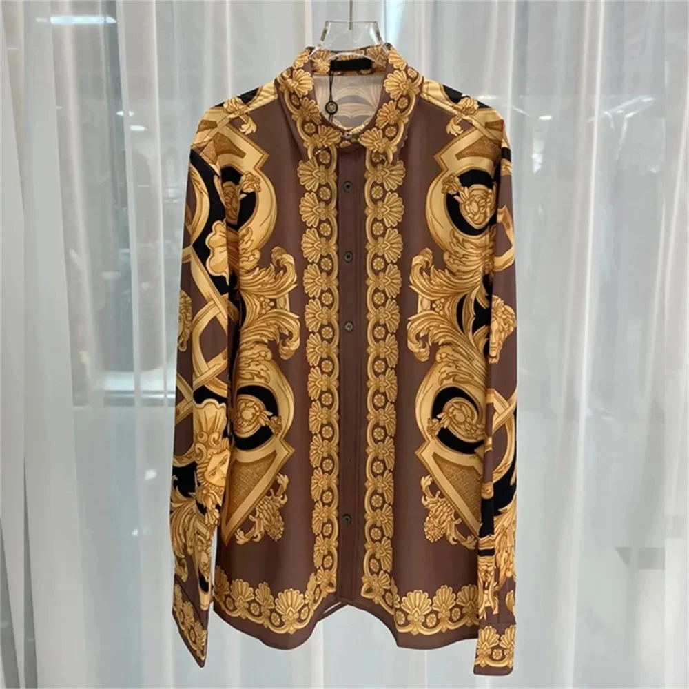 

Men's light luxury long sleeved shirt, Baroque gold print shirt, men's retro totem shirt, high-quality fashionable casual long s