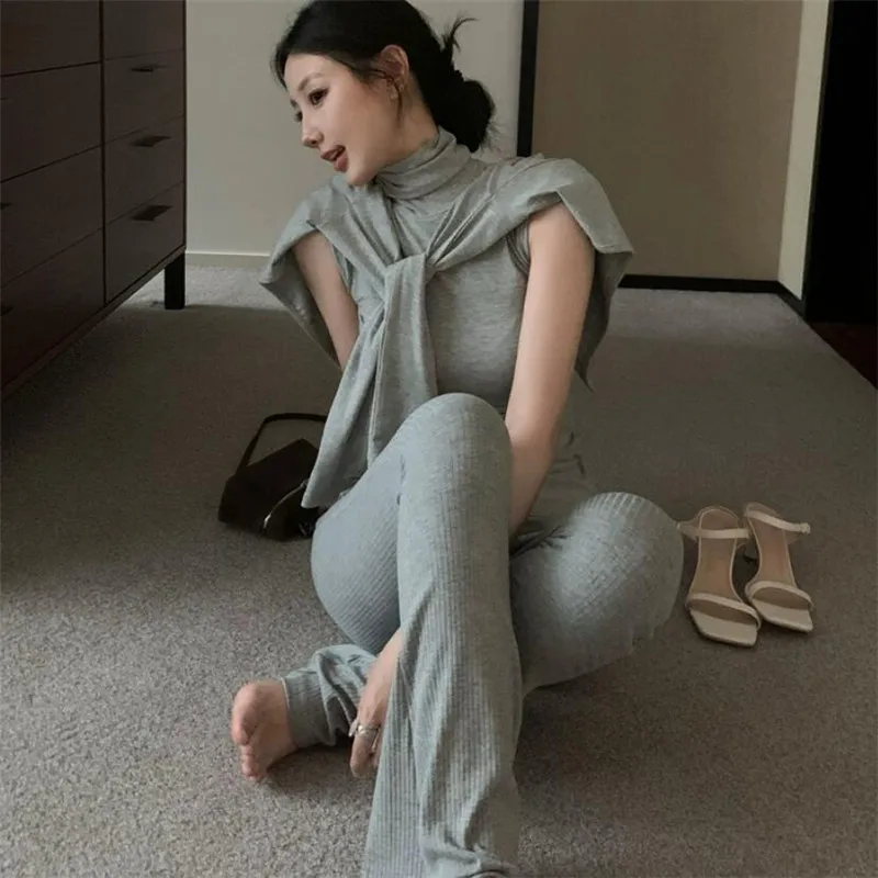 

2024 New Fall Fashion Grey 3 Piece Pants Sets Turtleneck Tank Top&Long Sleeve Cardigan Shirt&Slim Long Flare Pants 2pc Suits