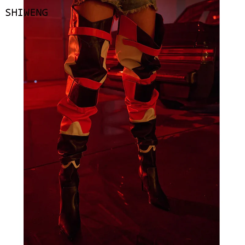 

2025 Women Women Pointed Toe Patchwork Over The Knee Sexy Thigh High Boots 10/12CM Thin Heel Side Zipper Winnter Boots 44