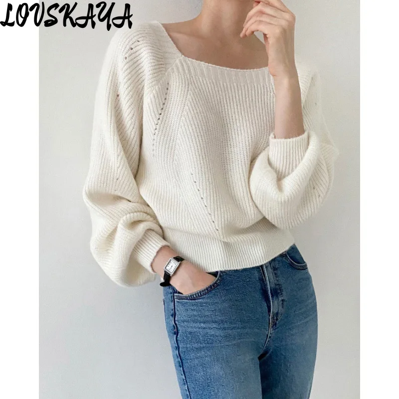 

Loose casual pullover with raglan sleeves as a base sweater French retro square neck exposed collarbone knit sweater for women