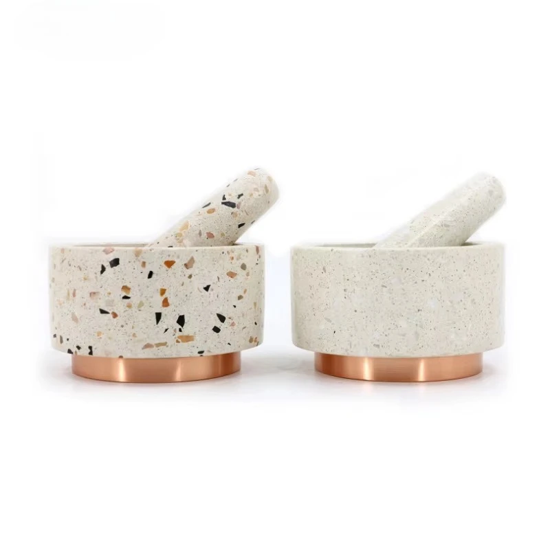 

Terrazzo mortar and pestle set, copper cornerstone, vanilla spice powder, garlic puree, manual herbal spice grinder mixing bowl