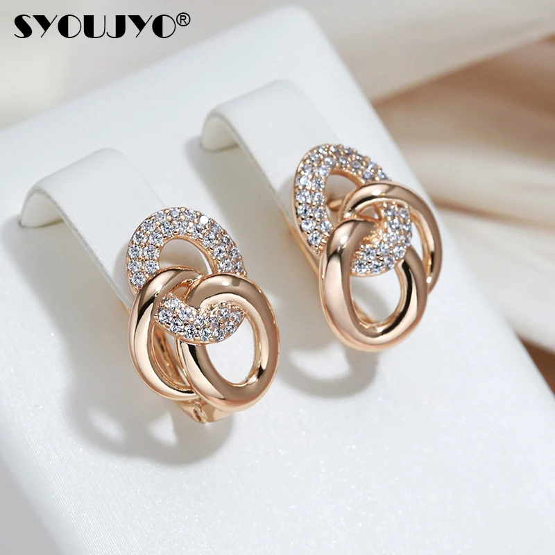 Unique Design Multi-Hoop English Earrings For Women SYOUJYO Natural Zircon Full Paved 585 Rose Gold Color Trendy Jewelry