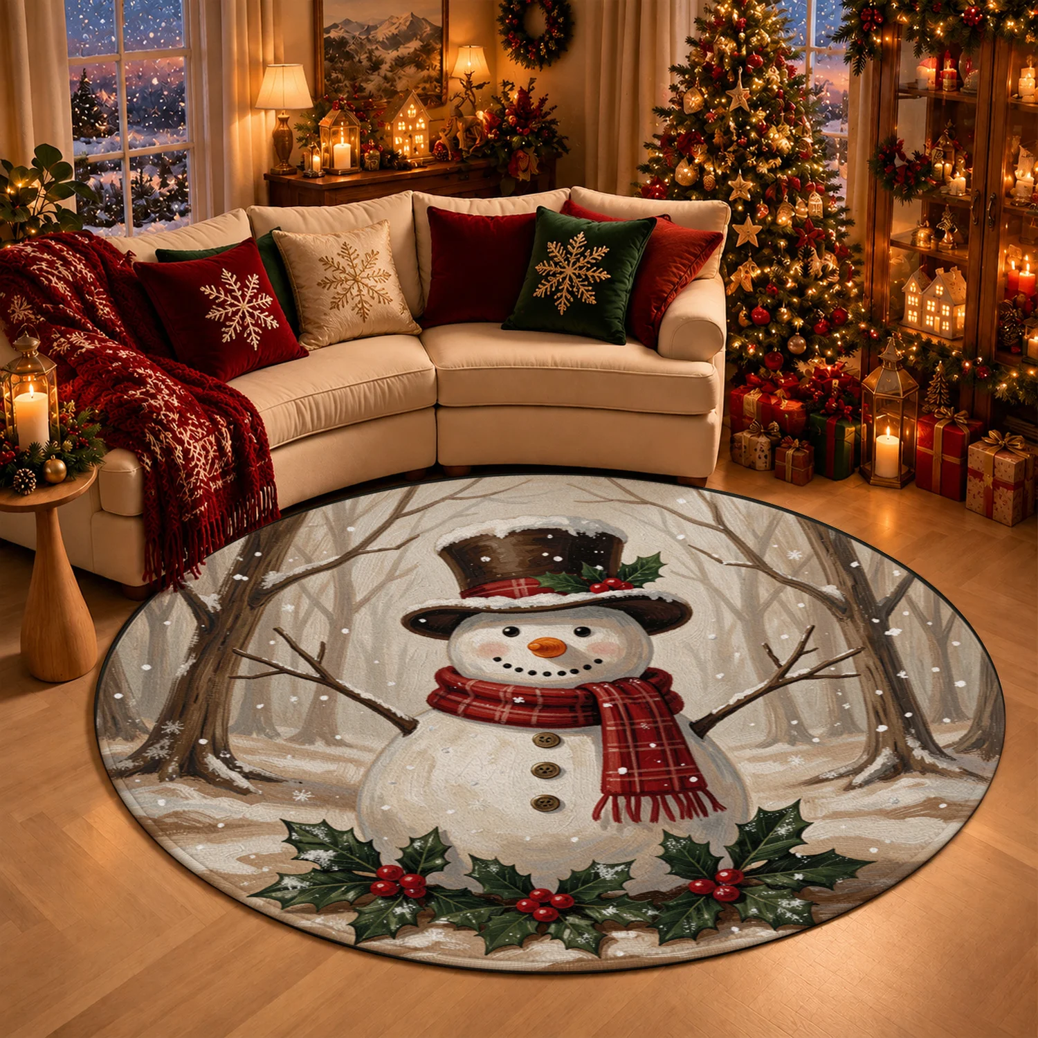 Snowman Winter Forest Holly Round Soft Velvet Rug Machine Washable Perfect for Living Room Bedroom Dining Room Thanksgiving Christmas New Year Black Friday Cyber Monday