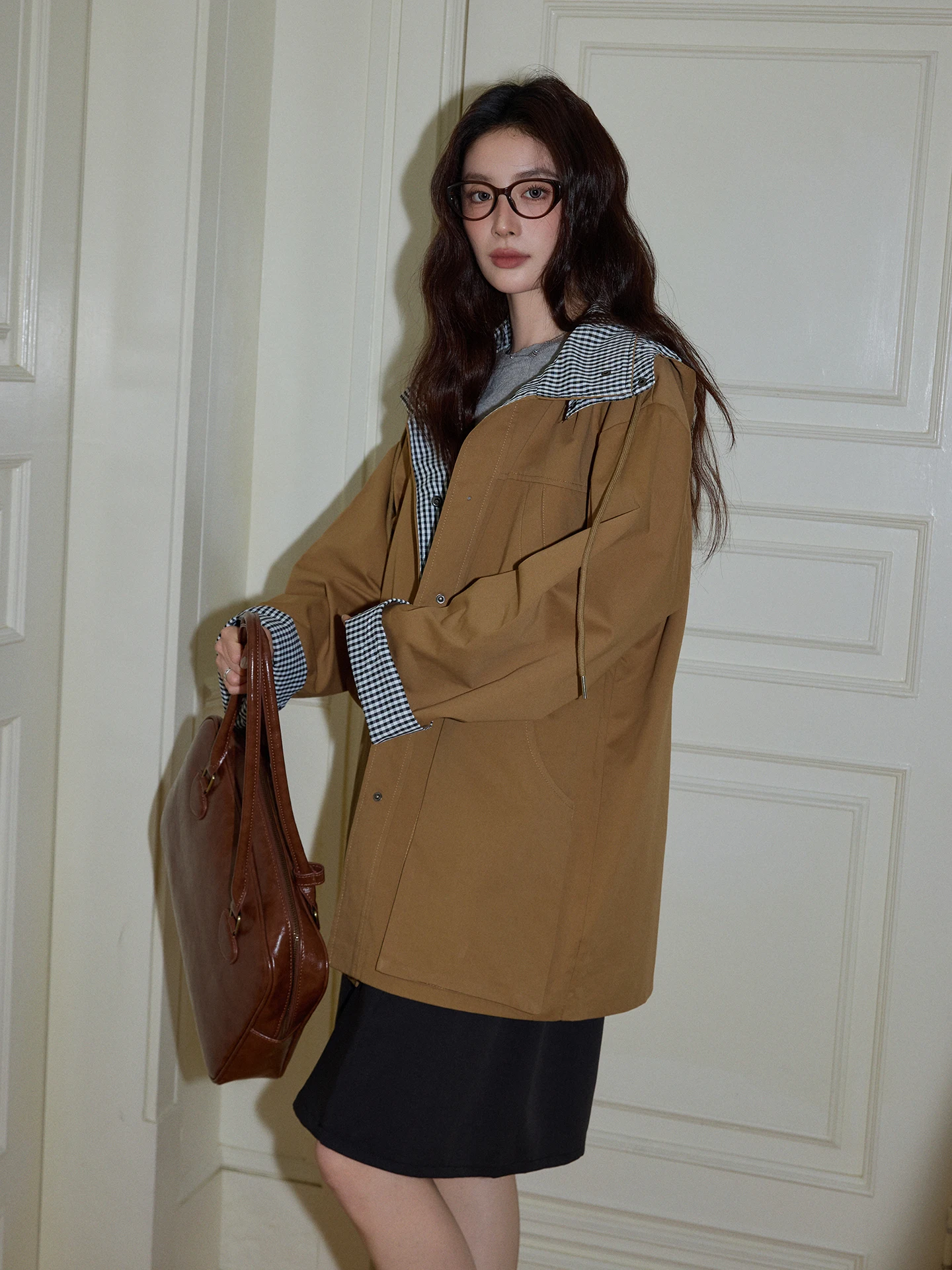 

i Color Hooded Windbreaker Women's Loose Long Sve Plaid Splicing Jaet Commute Sle Korean Version Cotton Polyester