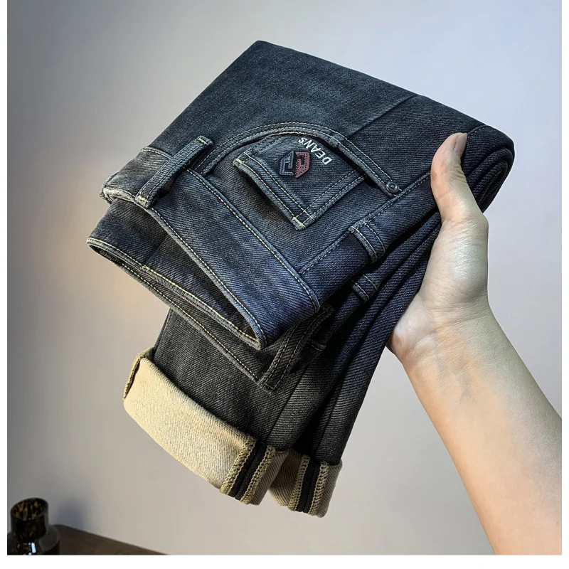 

Мужские толстые зимние джинсы из флиса, плотные и теплые, темно-синие приталенные, эластичные, мягкие и удобные мужские брюки.