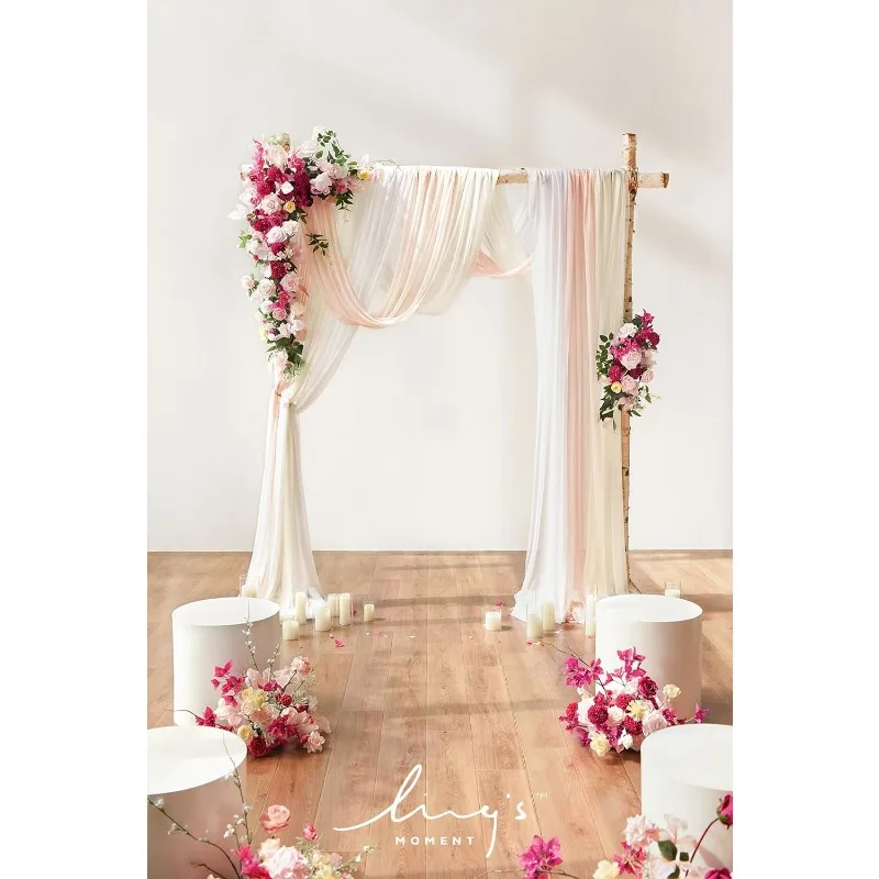 Deluxe hot Pink Artificial Wedding Arch Flowers with Drapes Kit-Pack of 5, 2pcs Flower Arrangements 3pcs Hanging Sheer Drapes