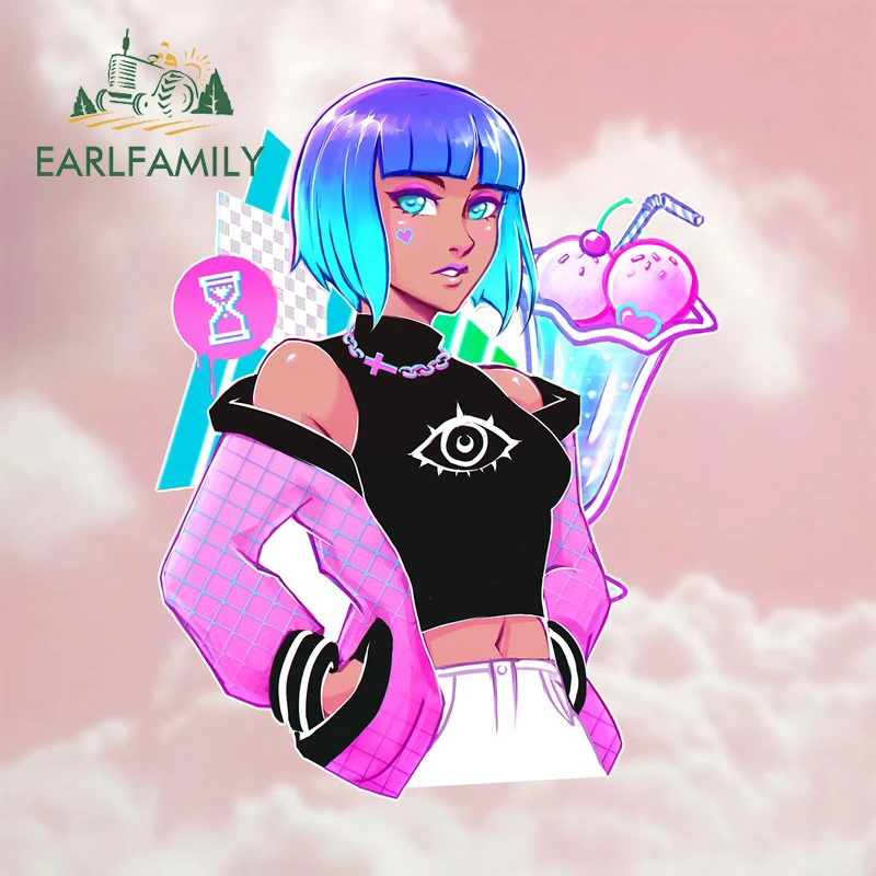 EARLFAMILY Eye-catching Pink Short Hair Girl Ice Cream Hourglass Decoration Car Stickers Cartoon Decal for Windshield Trunk