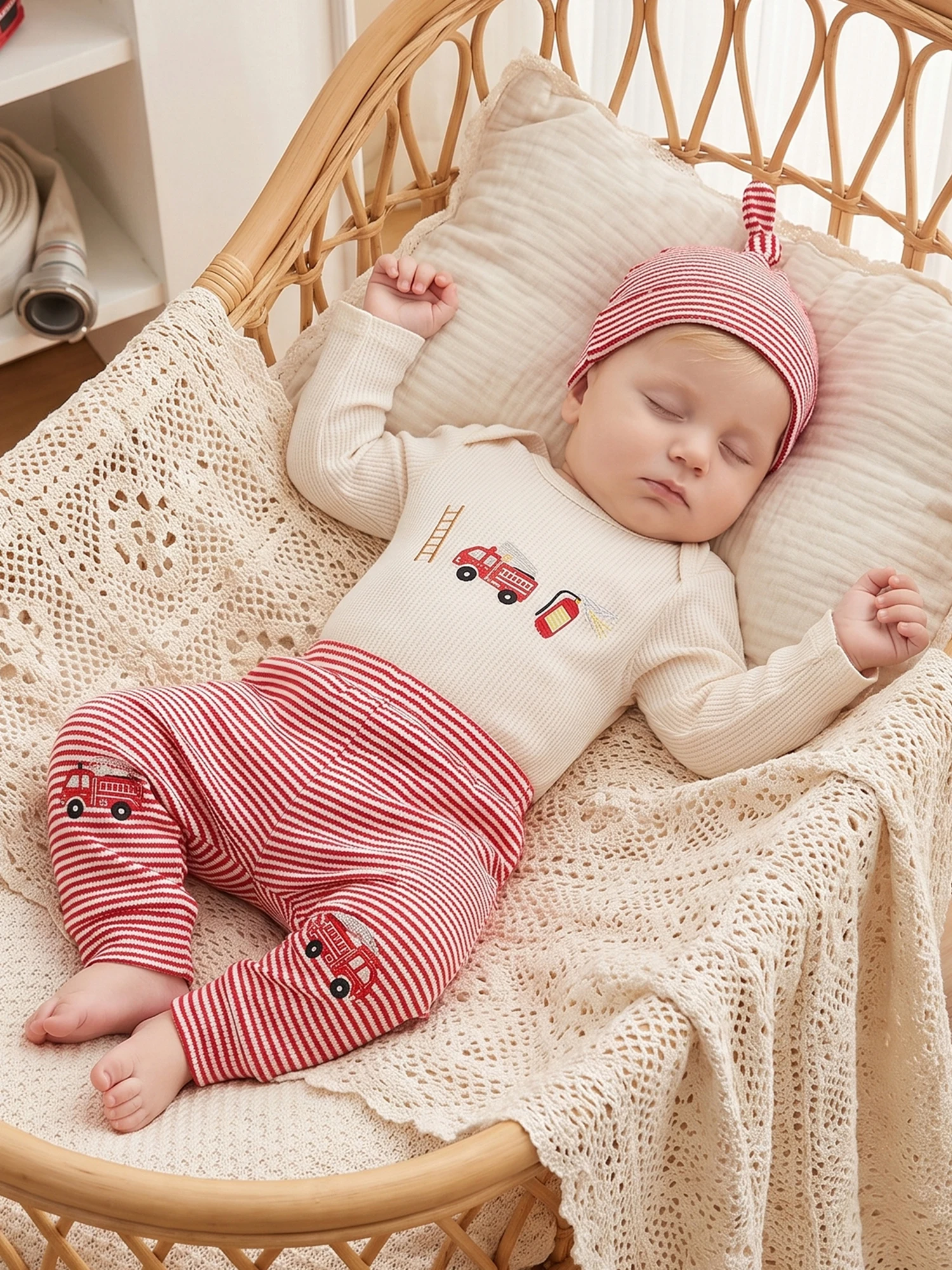Embroidery Long Sleeve Outfit Fire Engine Boy-Fall-Outfit Sleeve Romper Sleeve Embroidery Long Fire Long Sleeve Romper