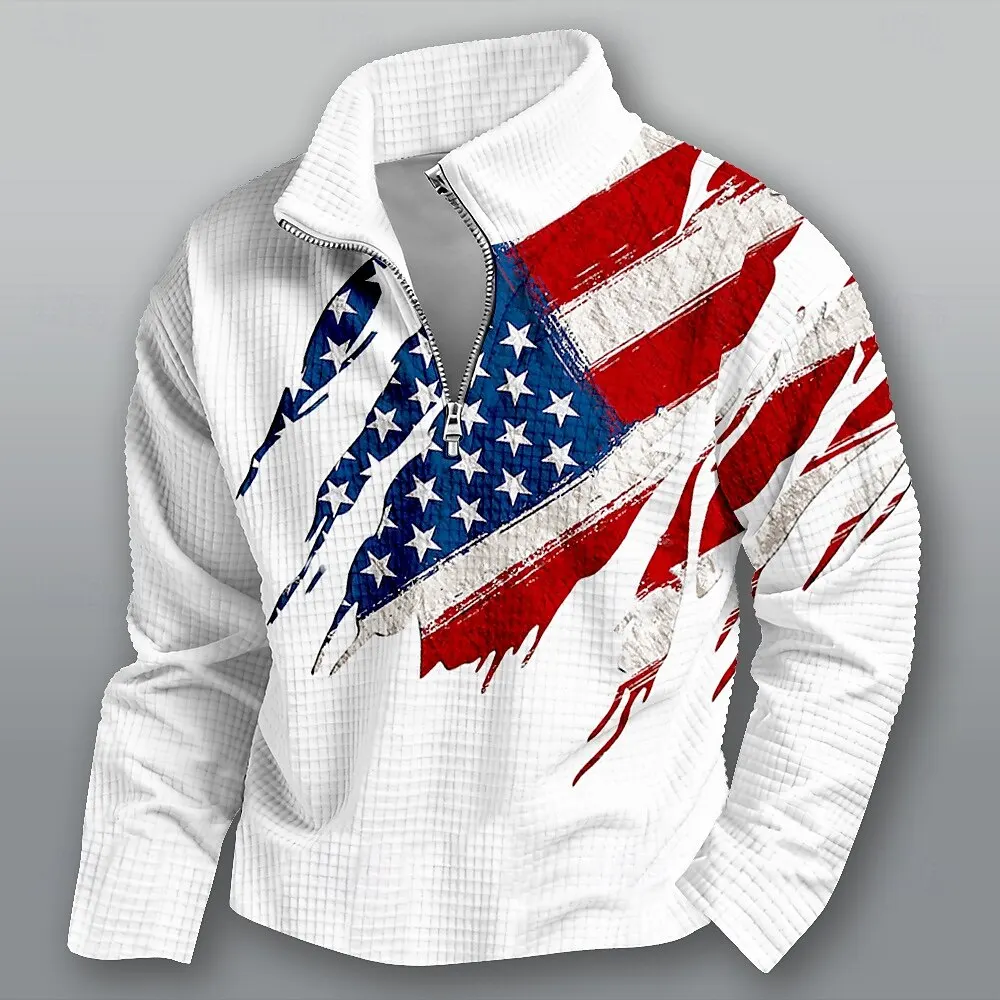 Men's 3D Print Simple Design Zipper Sweatshirts Fashion Cool USA Flag Pattern Long Sleeve Clothes Loose Casual Half Zip Pullover