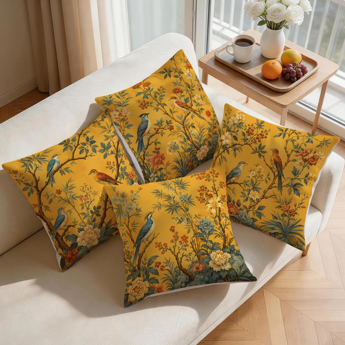 Sarı Arka Plan Retro Çiçek Kuş - Throw Pillow incelemesi ve fiyatı