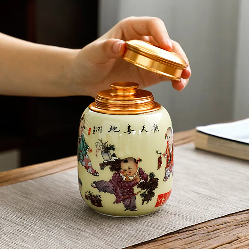 Double Lid Ceramic Tea Tins Home Sealed Tea Storage Jar Kitchen Spices Coffee Moisture Proof Can Chinese Tea Set Accessories