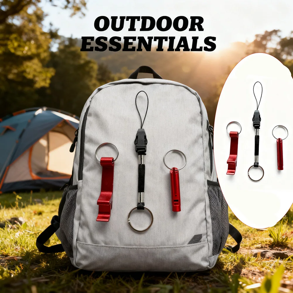 3er-Pack Schnallen-Lanyard + Flaschenöffner + Pfeife, Outdoor-Reise- und Wandertaschenhaken-Set, geeignet für Wandern, Camping und Bergsteigen, Hochfrequenz-Pfeife, Schnellverschluss-Lanyard-Haken-Set