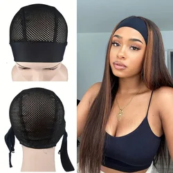 1 piece black color headband wig cap adjustable big hole wig grip cap ice silk material for making headband wig