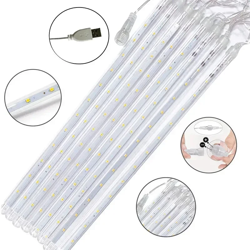 8 أنابيب USB النيزك دش سلسلة أضواء مصابيح عطلات حديقة الشارع قطرة المطر أضواء الزفاف الديكور أضواء عيد الميلاد في الهواء الطلق