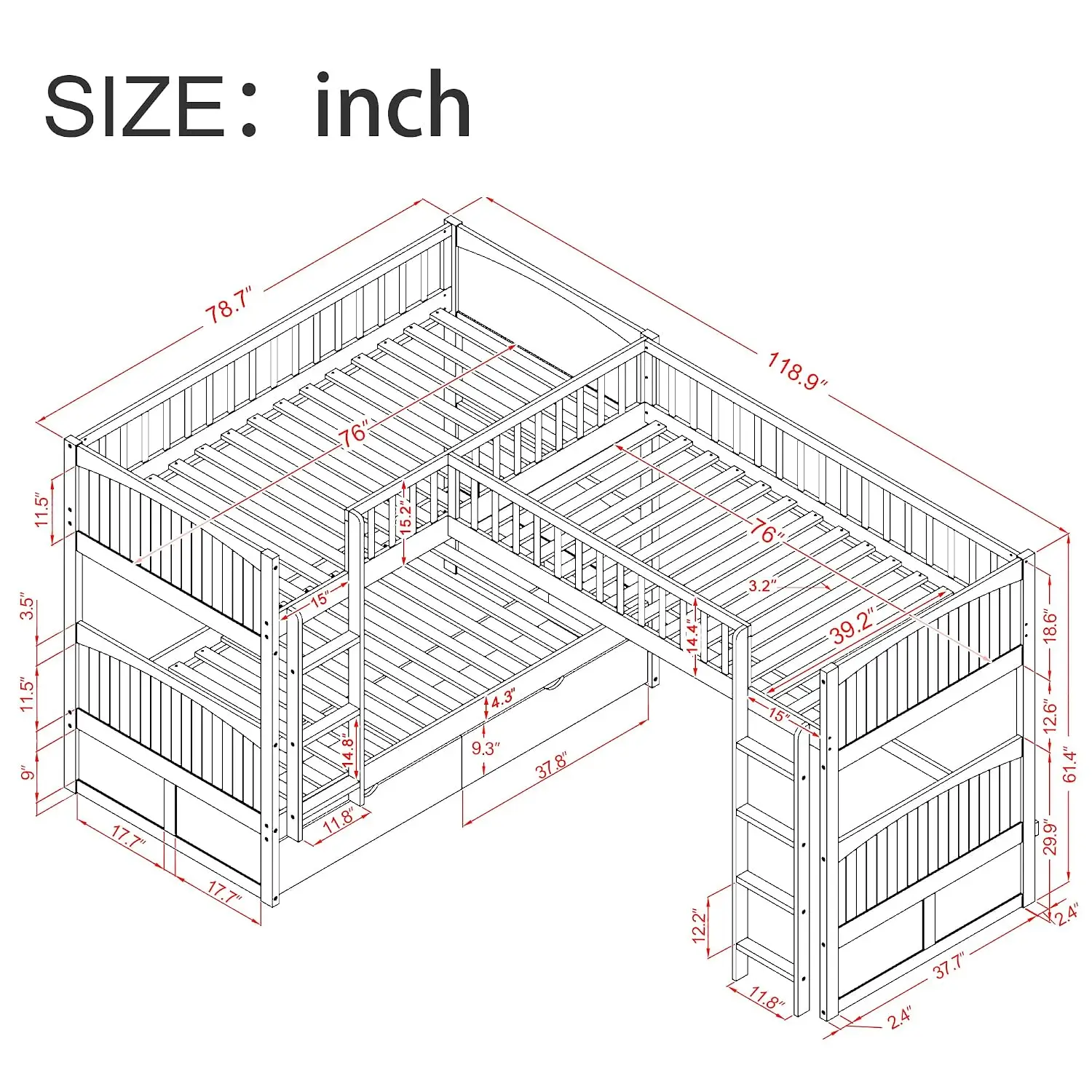 Triple Twin-Over-Twin-Over-Twin L-Shaped Bunk Bed with 2 Drawers & 2 Ladders No Box Spring Needed, Customized image 2