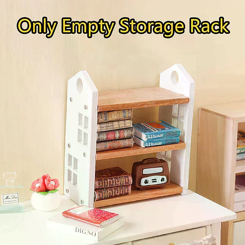 Doll House Accessories 1:12 Dollhouse Miniature Bookshelf Three-tier Storage Rack Display Stand Furniture Model Decor Toy