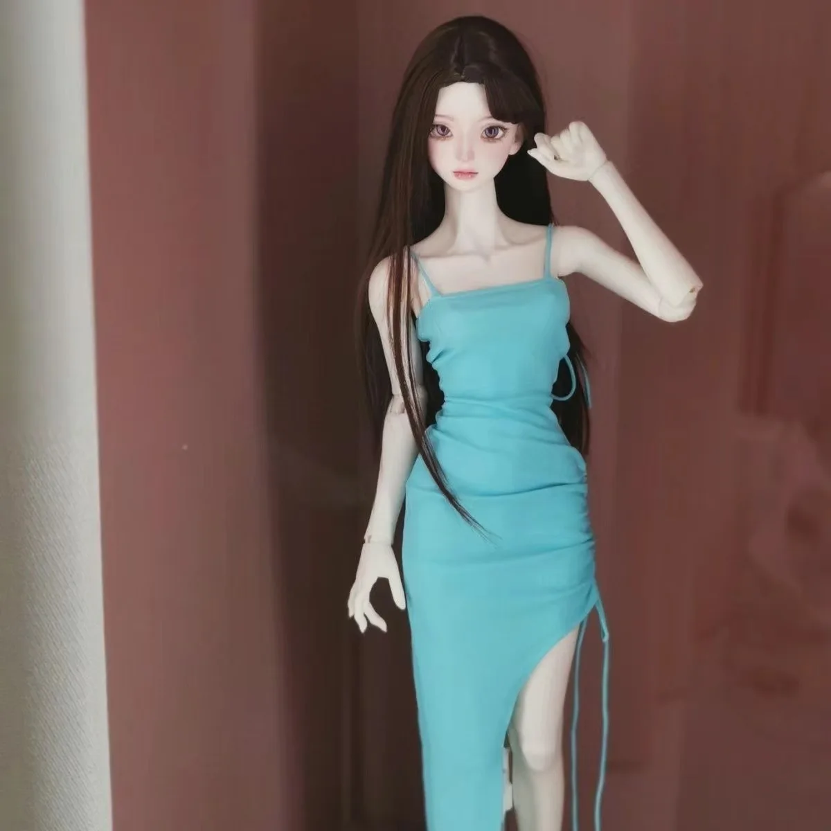 

60cm BJD Doll Clothes，Rose Red Slim Slip Skirt, 1/3 Sexy Split Long Sleeves Dress