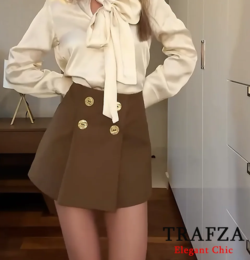 TRAFZA-Women Vintage Brown Mini Skirt Stylish Modern Girl Gold Buttons Skirt New 2024 Spring Summer Vacation Dinner Date Skirt