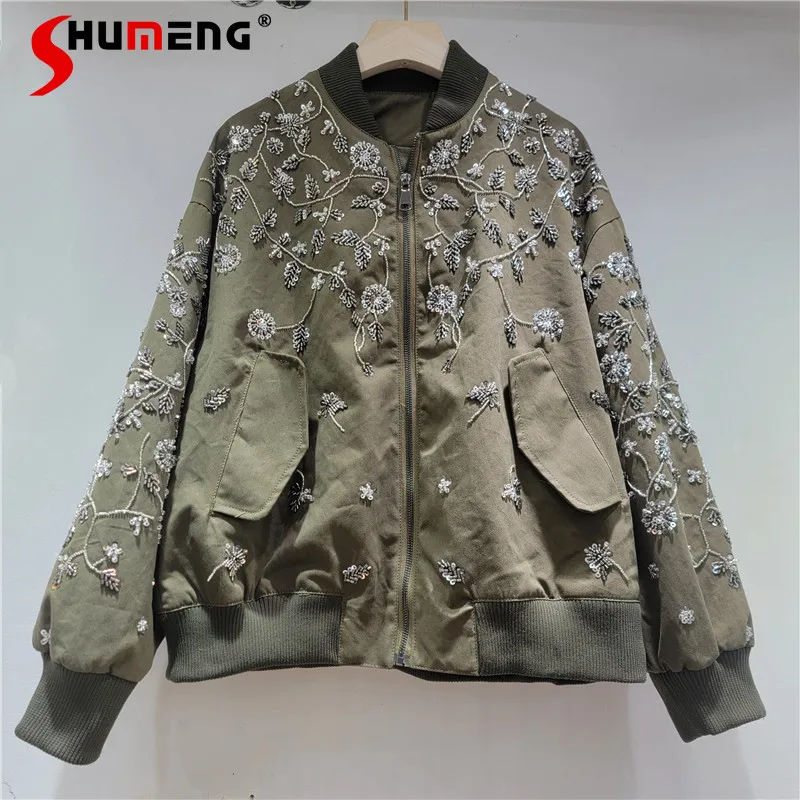 

Women's 2025 Autumn New Fashion Versatile Long Sleeve Coats Loose Comfort Tops Feminine Beaded Embroidered Chic Baseball Jackets