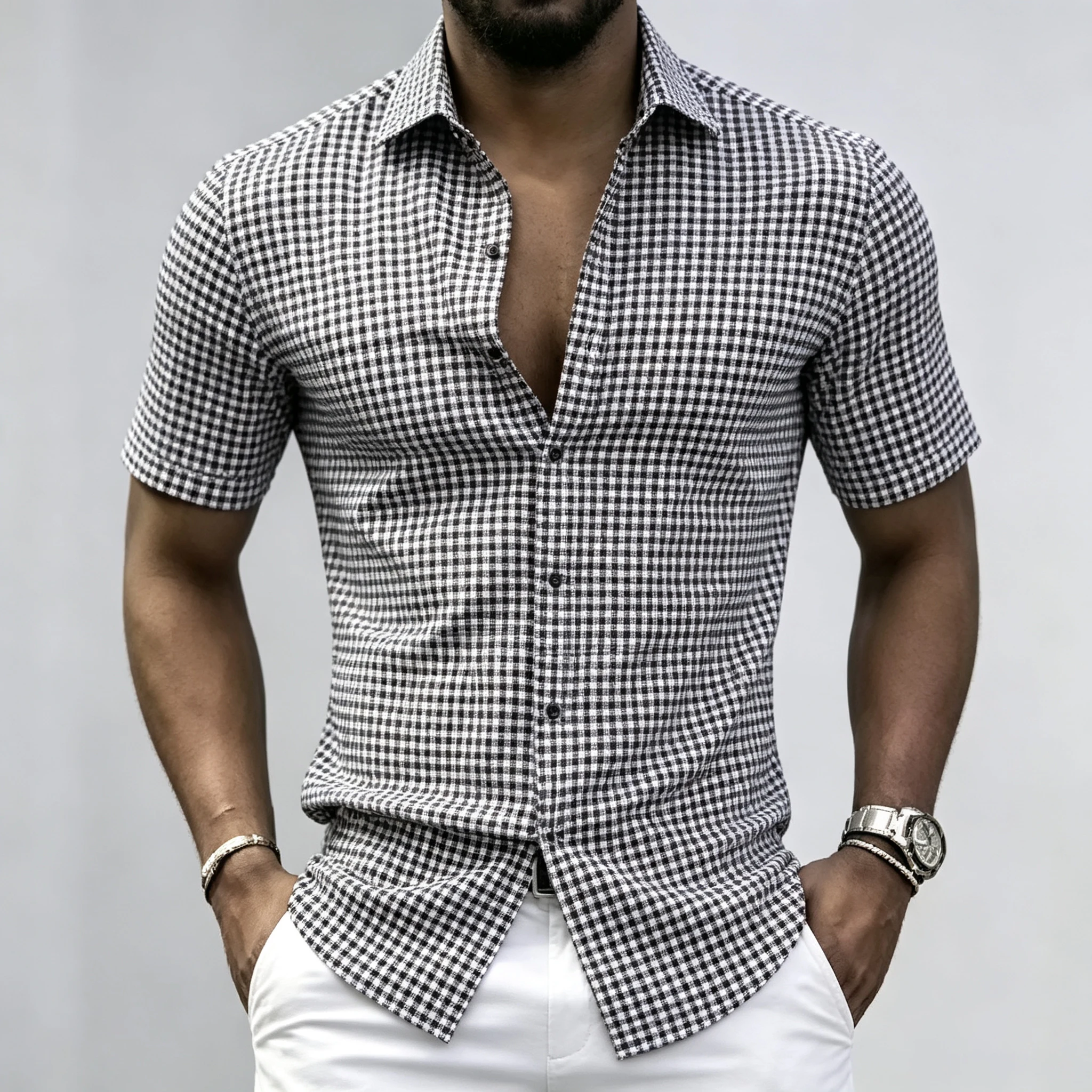 Men's Black and White Checkered Short-Sleeved Shirt, Textured Casual Commuter Shirt