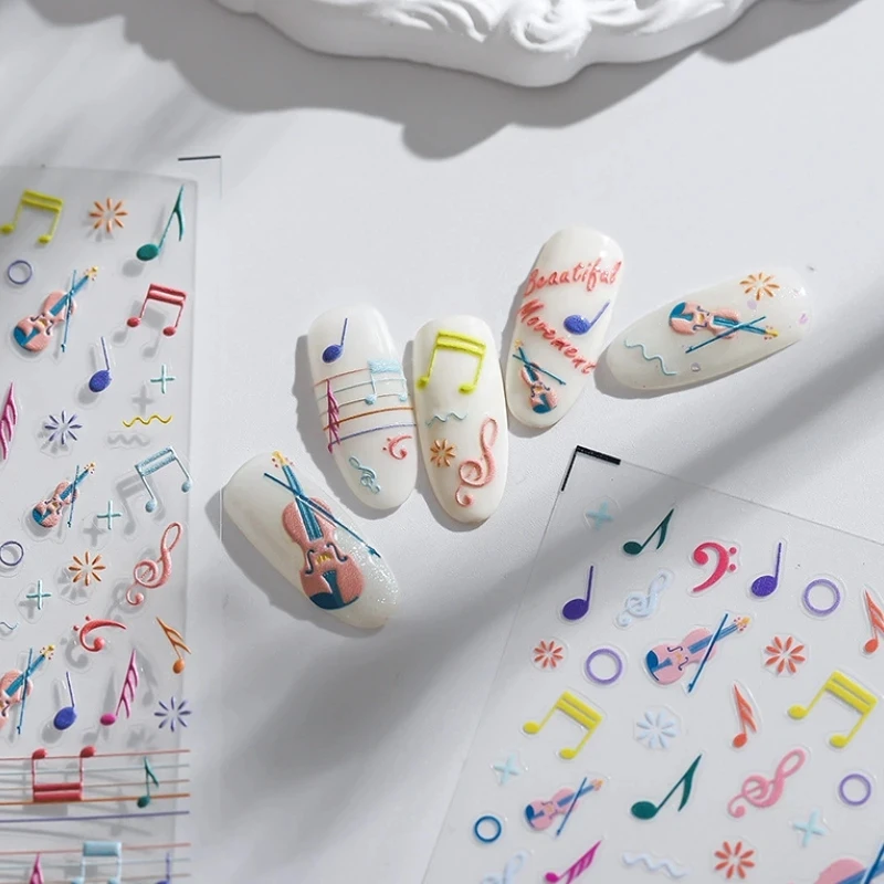 Kolorowe Doodle skrzypce nuta projekt 5D tłoczone płaskorzeźby naklejki artystyczne do paznokci śliczne 3D samoprzylepne naklejki do Manicure hurtownia