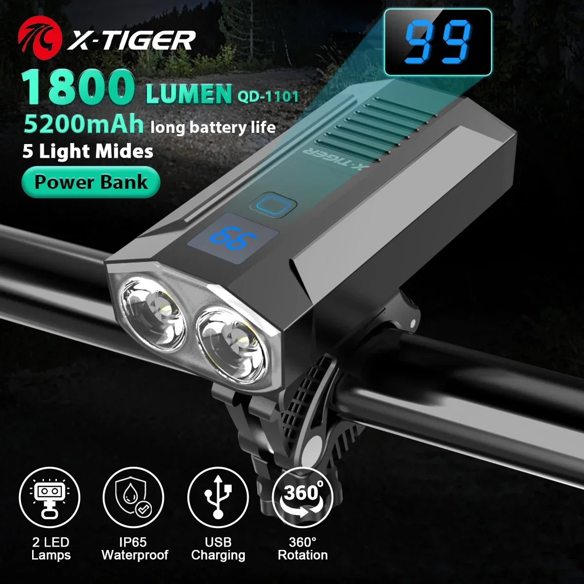 X-Tiger Bike Light Koplamp Fiets Lamp Met Power Bank Oplaadbare Led 5200Mah Mtb Fiets Light Zaklamp Fiets accessoires