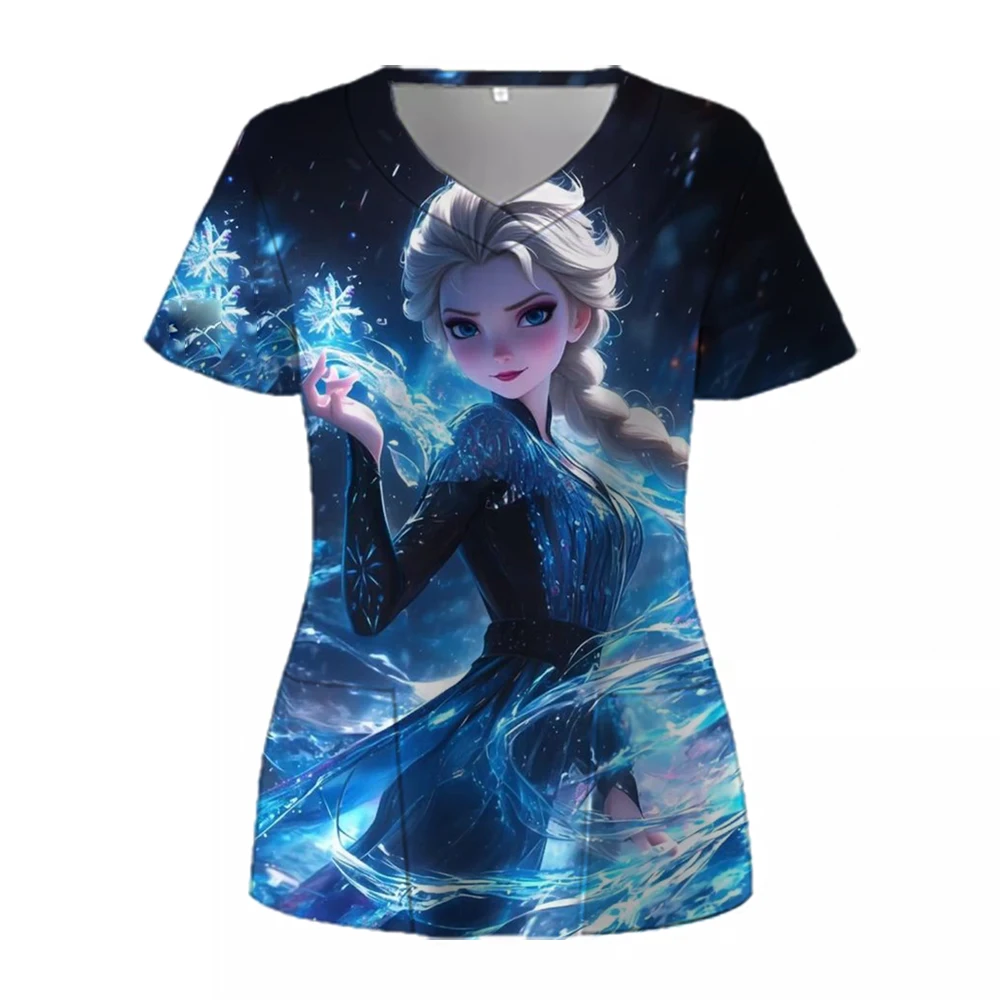 Pocket Disney Princess Women's V Neck Nurse Uniform T-Shirt Youthful Woman Clothes New Dress Cheap Top Summer Y2k 2024 Kawaii