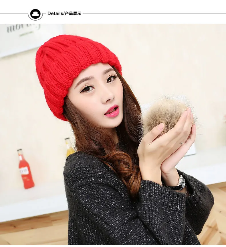 2023 New Hairball Beanies Hats Women Korean Monochrome Big Wool Ball Knitted Caps Female Winter Pure Color Warm Woolen Hat