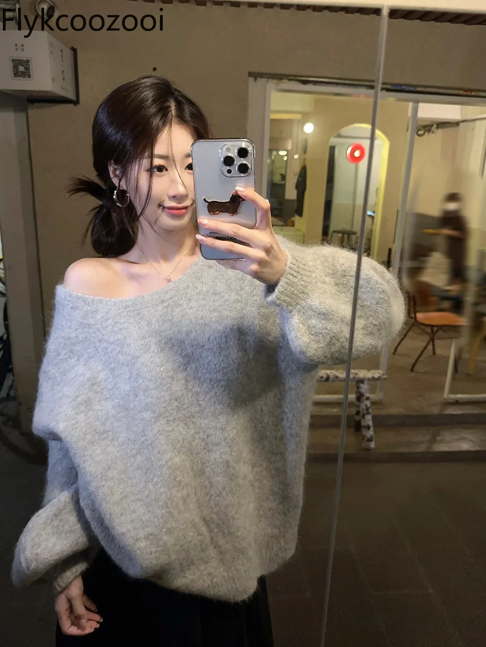 Korean Backless Bow Alpaca Fur Female Autumn and Winter Slouchy Round Neck Long Sleeve Sweater Top Oversized Sweater