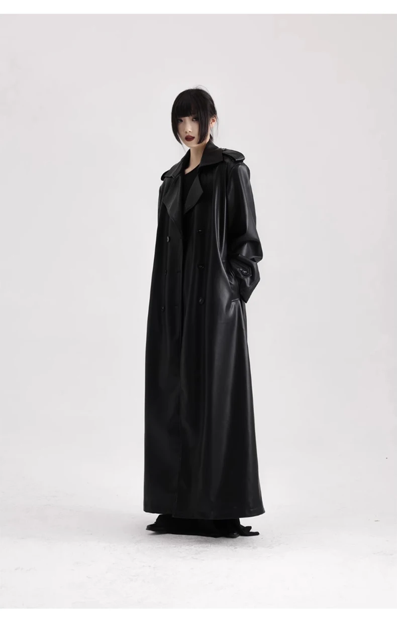 Lautaro Spring Autumn Extra Long Black Soft Pu Leather Trench Coat for Women Double Breasted Loose Casual Korean Fashion 2024