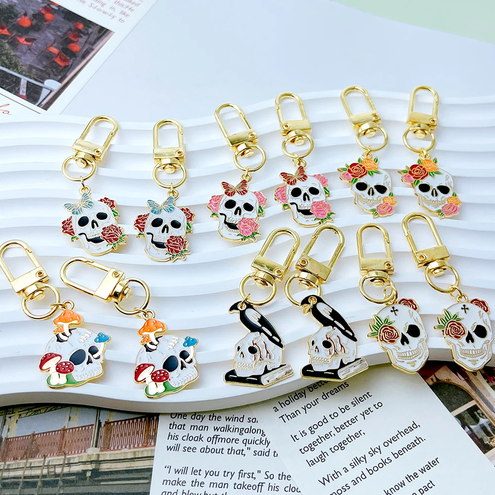 15pcs 6Styles Skull Rose Metal Keychain Funny Halloween Party Gift For Women Girl Phone Bag Accessory Keyring Pendant Jewelry