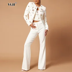 VGH Elegant Two Piece Sets For Women Round Neck Long Sleeve Spliced Diamonds Coat High Waist Flare Pant Temperament Set Female