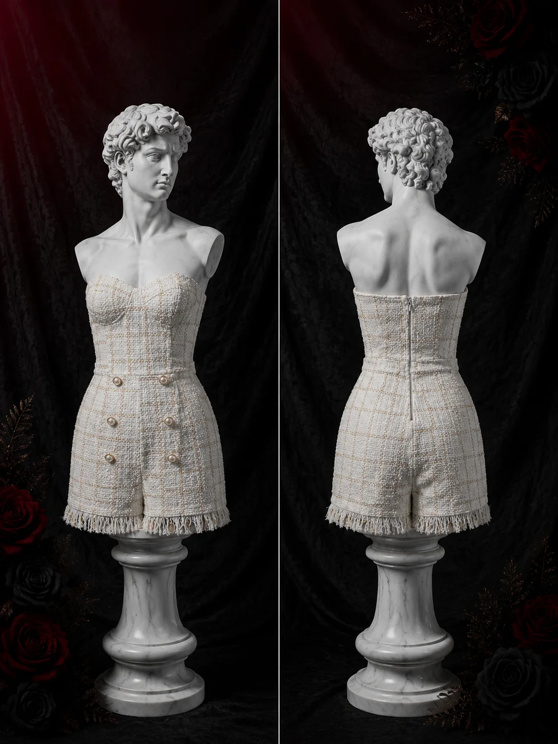 【Fragments.One Choice, No More Choices.】Tuta Vintage Senza Spalline Con Bottoni A Righe Color Avorio-image