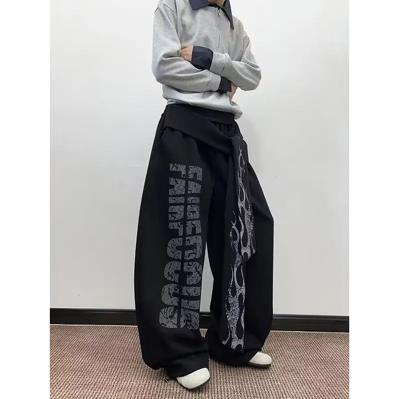 Men's Retro Letter Flame Pattern Ribbon Design Spring Casual Pants Youth Boys' Bottoms Male High Waisted Vintage Loose Trousers