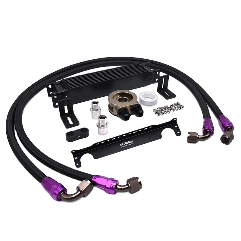 SK CUSTOM Racing Car 9 Row Universal Engine Oil Cooler Kit with Sandwich Adapter + Hose Kit