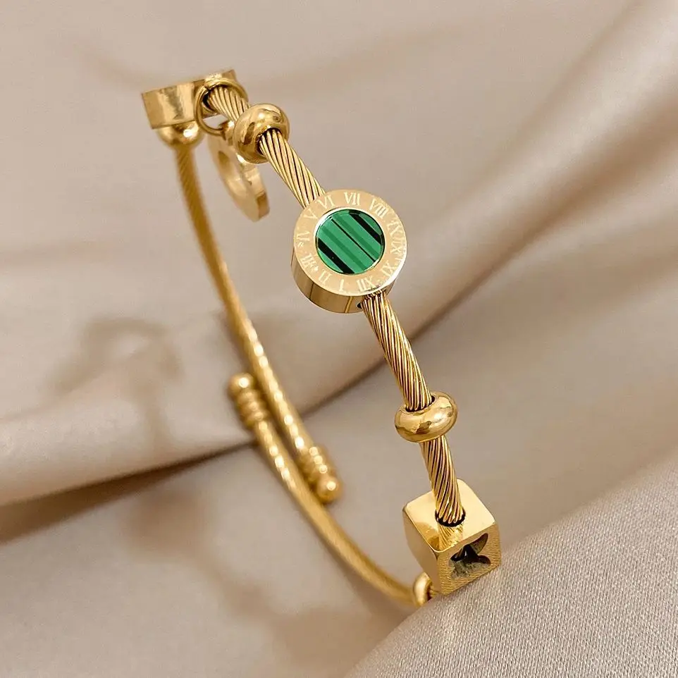 Trendy Gold Plated Stainless Steel Cuff Bracelet for Women Chic Heart Butterfly Roman Numeral Round Charms Bangle Jewelry Gifts