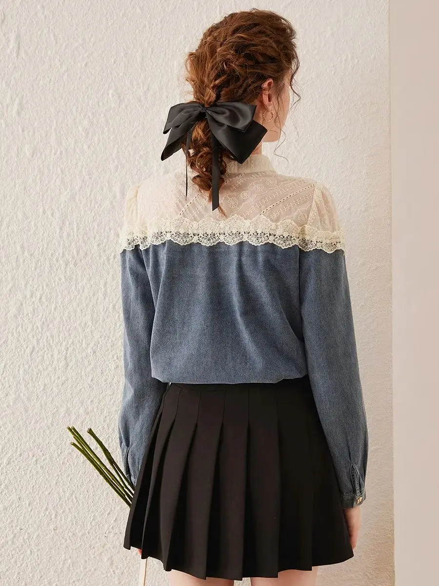 LOUIS YAO Women Color Block Lace Stand-Up Collar Shirt 2023 Autumn Fashionable Denim Blue Long-sleeve Top