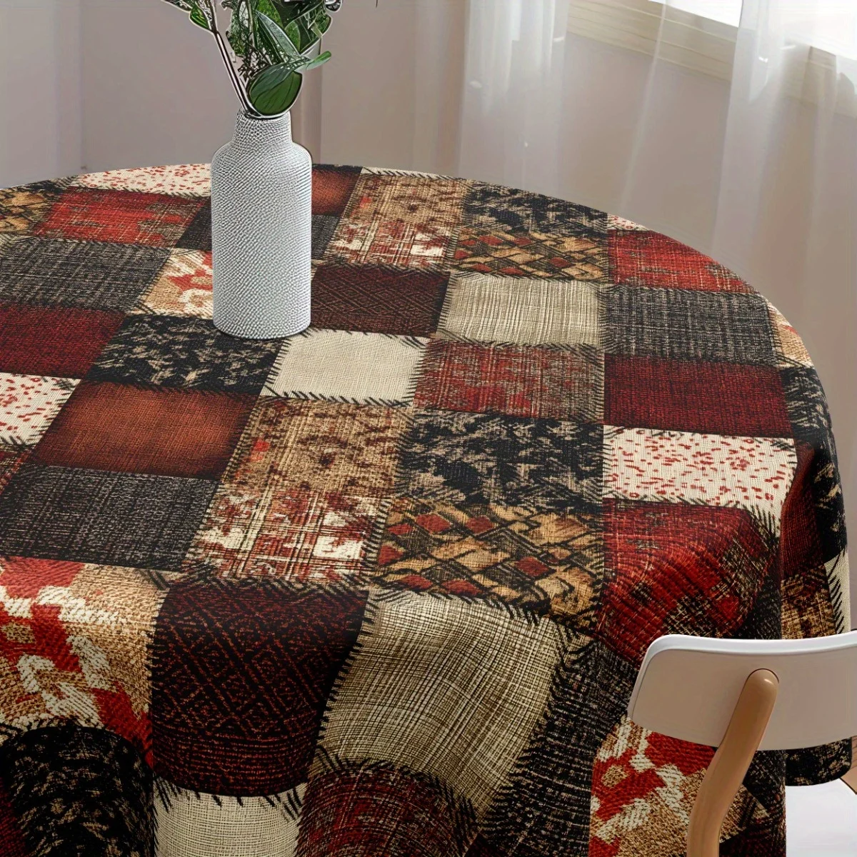 One round polyester tablecloth, 61x61 inches - Retro Bohemian checkered floral designzyc