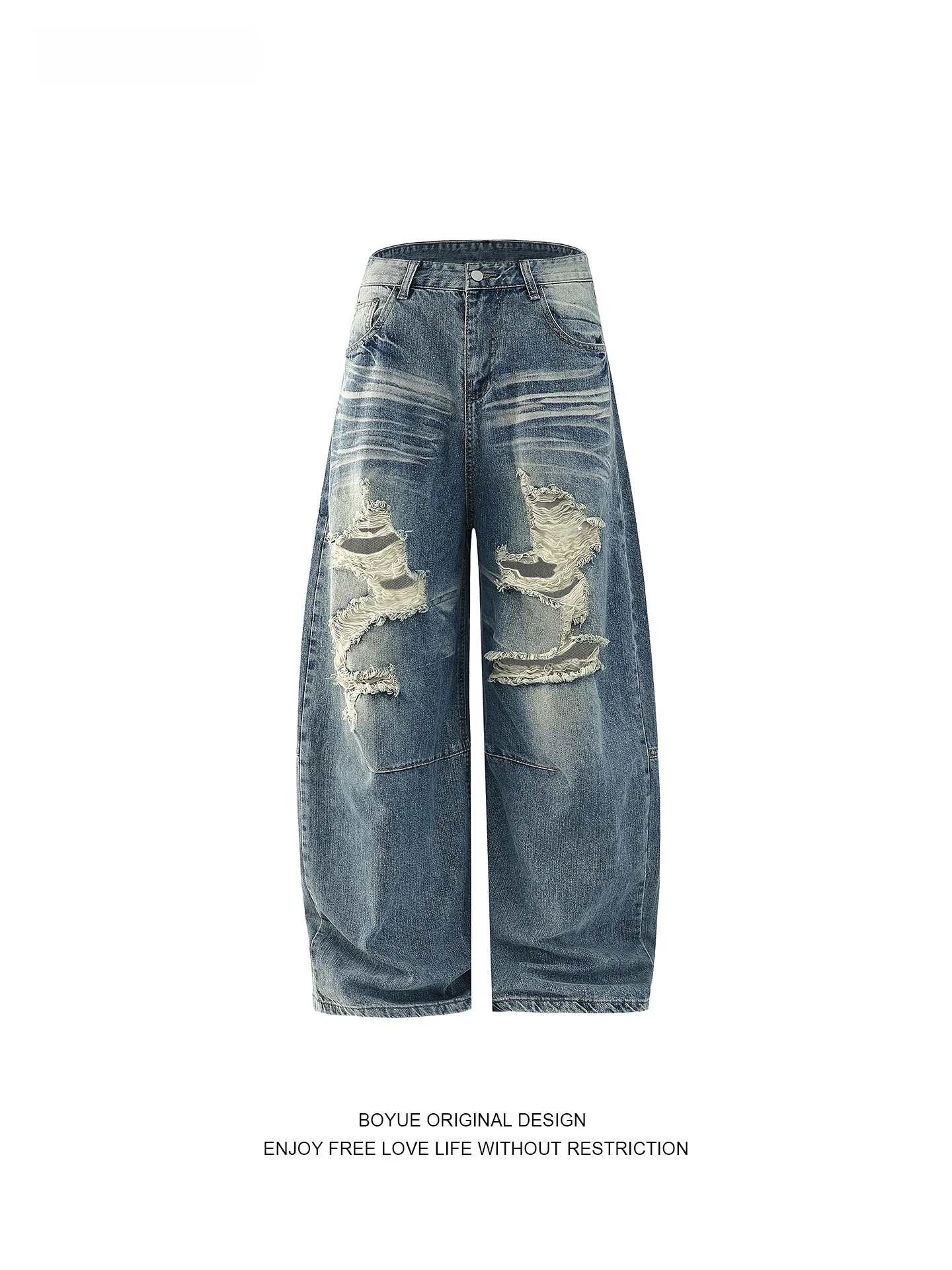 Calça Jeans Boyue American Retro com Estampa de Bambu, Efeito Desbotado e Perfurações, Unissex, Modelo Slim, Perna Larga, Cas...