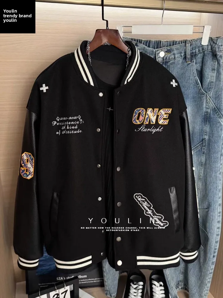 

Retro American Embroidered Letter PU Leather Baseball Jaet Men's ort Sle Spring Autumn Faionable Youth Outerwear