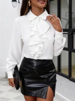 Chemise pour femmes de style européen et américain avec bordure à volants et manches longues ajustées 4