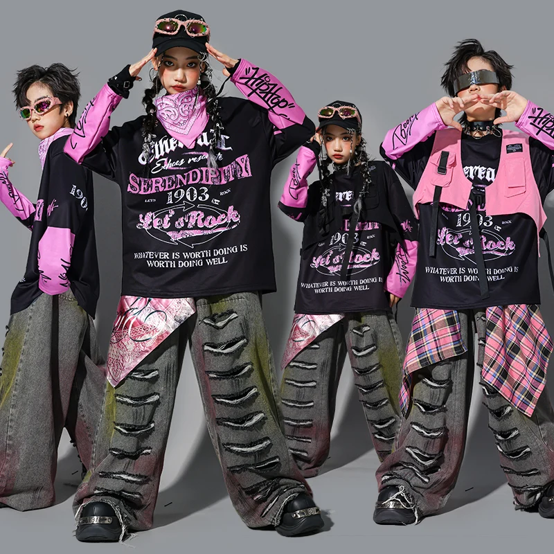 

Children Jazz Dance Performance Outfit Pink Black Tops Hip Hop Pants Boys Girls Street Dance Show Costume Cool Streetwear 2775