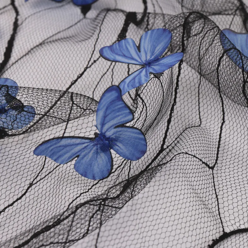 Lolita Black Transparent Blue 3D Butterfly Embroidered Lace Mesh Cloth Transparent Wedding Dress Designer Fabric DIY Handmade