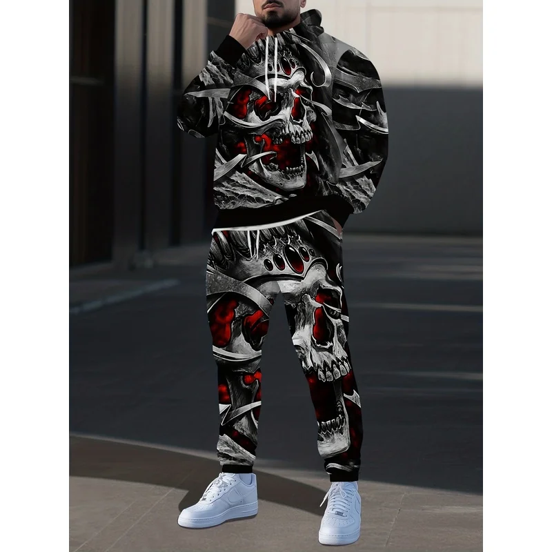 Men'S Gothic Skeleton Pattern Hoodie And Sweatpants Set - Black And Red Digital Print, Regular Casual Streetwear Set