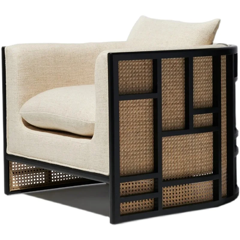 Solid wood fabric sofa rattan weaving combination model roomhomestayclub lobbyreception single person