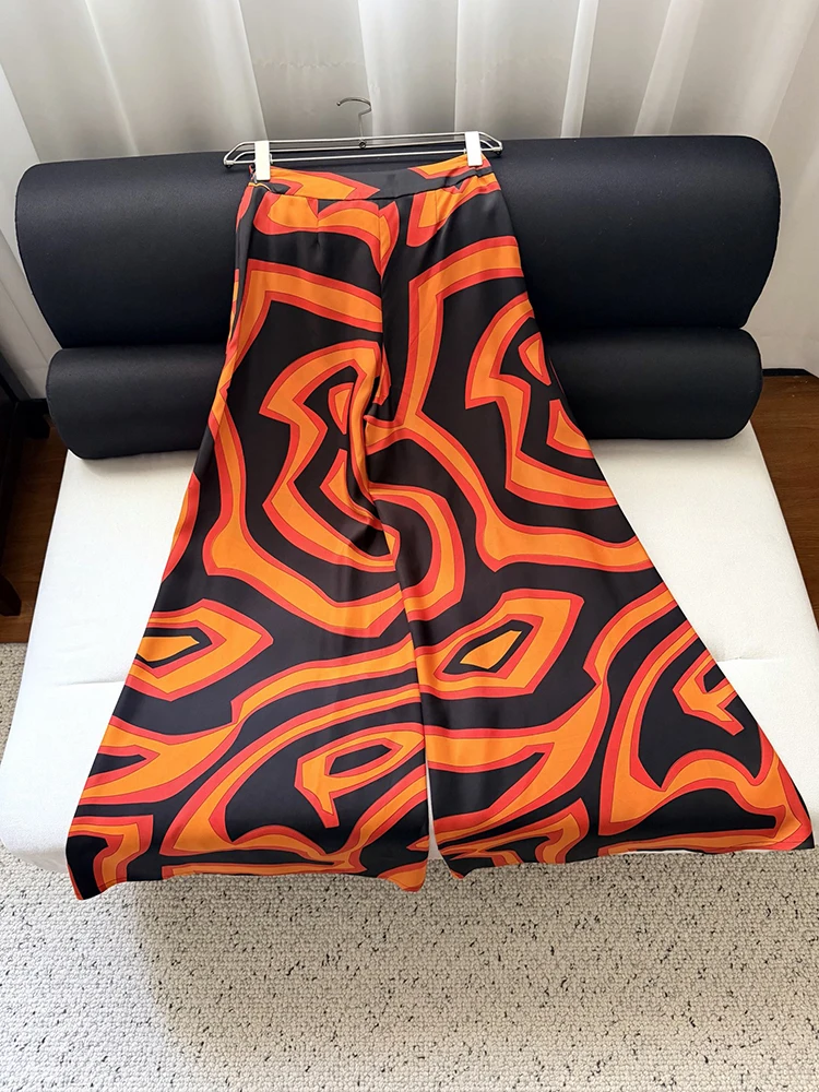 Spring Summer Fashion Daily Casual Geometric Print Silk Wide Leg Pants Women's Middle Waist Loose Straight Barrel Trousers
