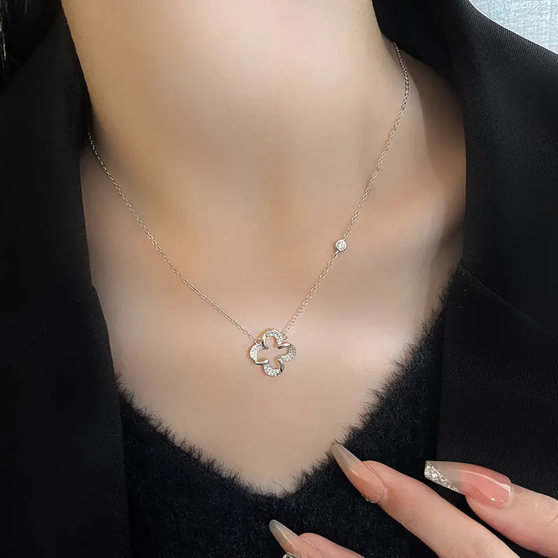 

NBSAMENG 925 Sterling Silver Zircon Hollow Out Flower Necklace for Women Girl Birthday Gift Shining Charm Jewelry Dropshipping