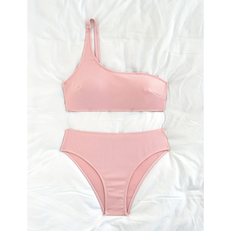 Ribbed High Waist Bikinis Push Up Swimwear Women One Shoulder Bikini Set Two Pieces Swimsuit Pink Bathing Suits Woman Beachwear